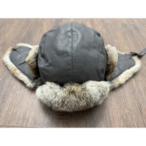 Vintage Crown Cap Leather Trapper Hat Fur Lined Aviator Rabbit Fur Brown Size L